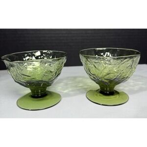 Pair of Vintage Morgantown Avocado Seneca Driftwood Crinkle Glass Sherbet Cups